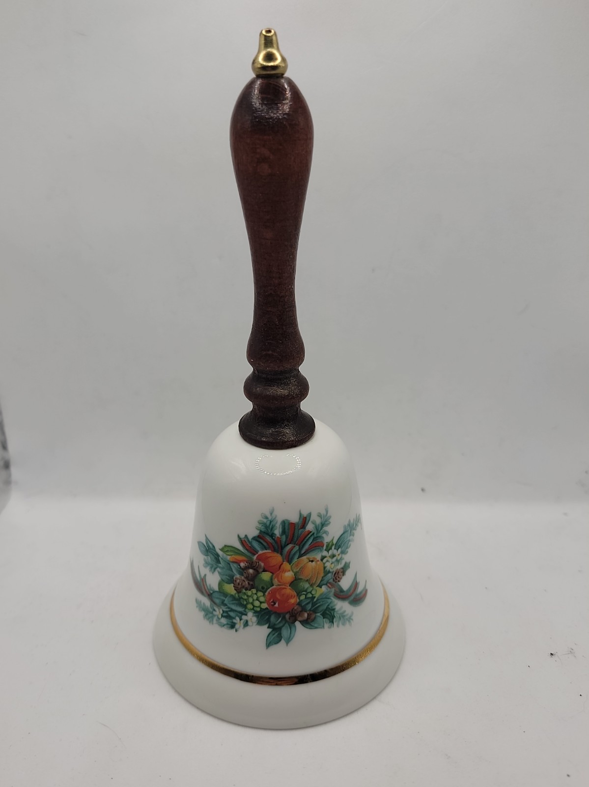 Vintage - 1985 Avon Christmas Bell, Porcelain Wood Handle Golden Trim  6.5\