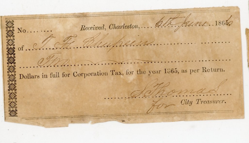 1865 Charleston South Carolina Tax Receipt Post Civil War - Dr. T. F. Chupein