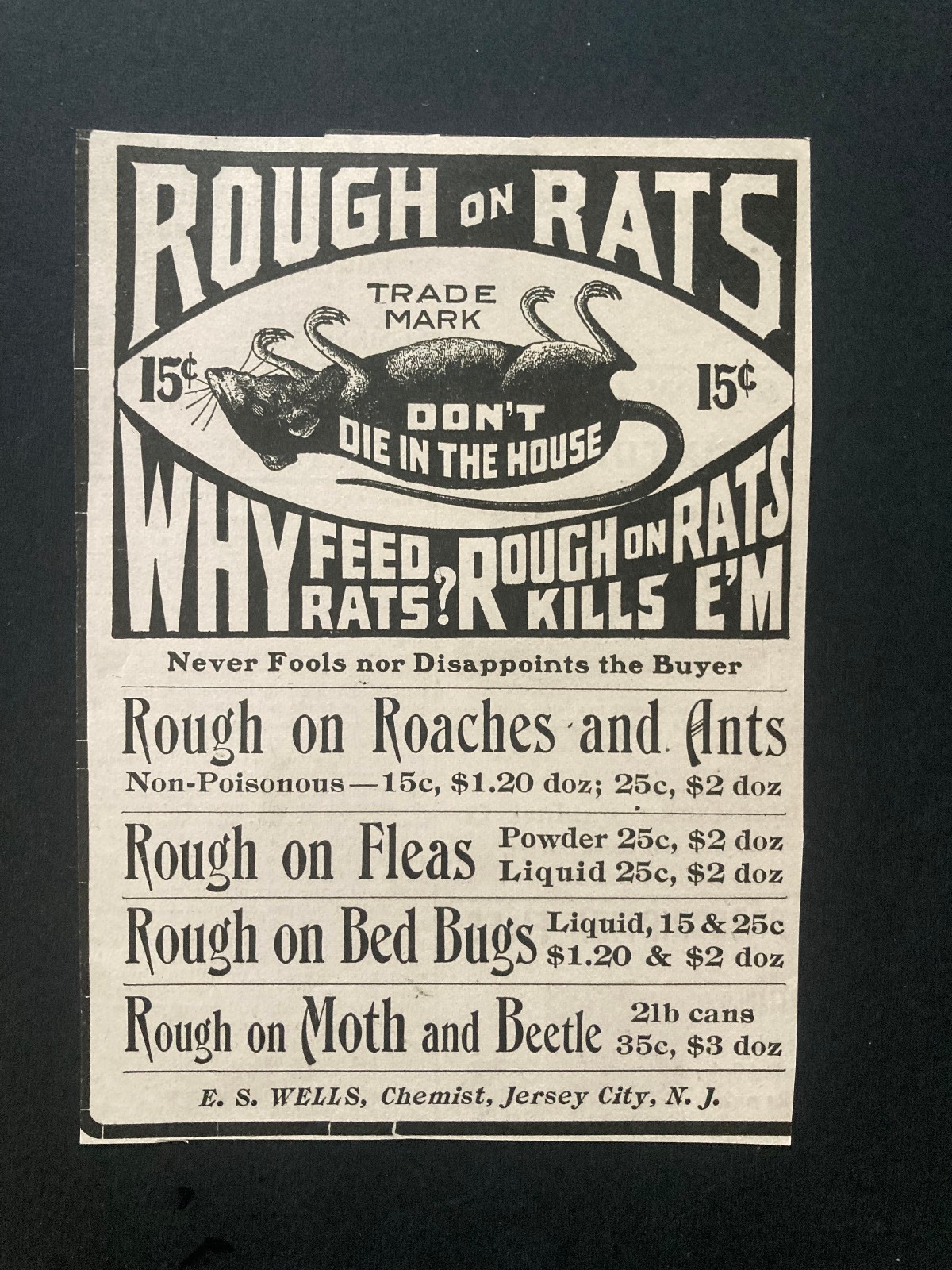 1899 RAT POISON  AD RODENTS  E S WELLS CHEMIST JERSEY CITY NJ AD MORBID