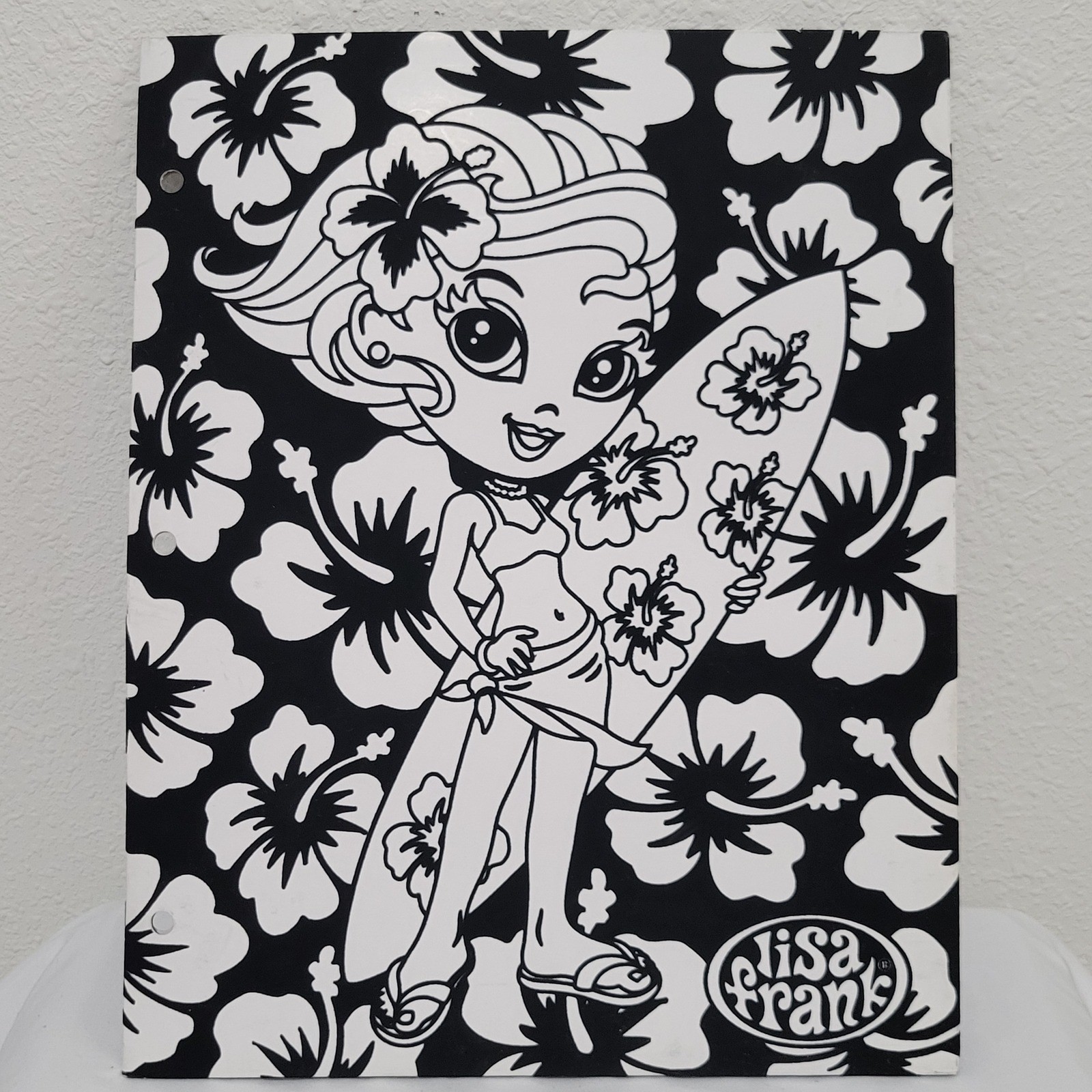 Lisa Frank Surfer Girl Fuzzy 2 Pocket Folder Hibiscus Vintage Y2K Black White