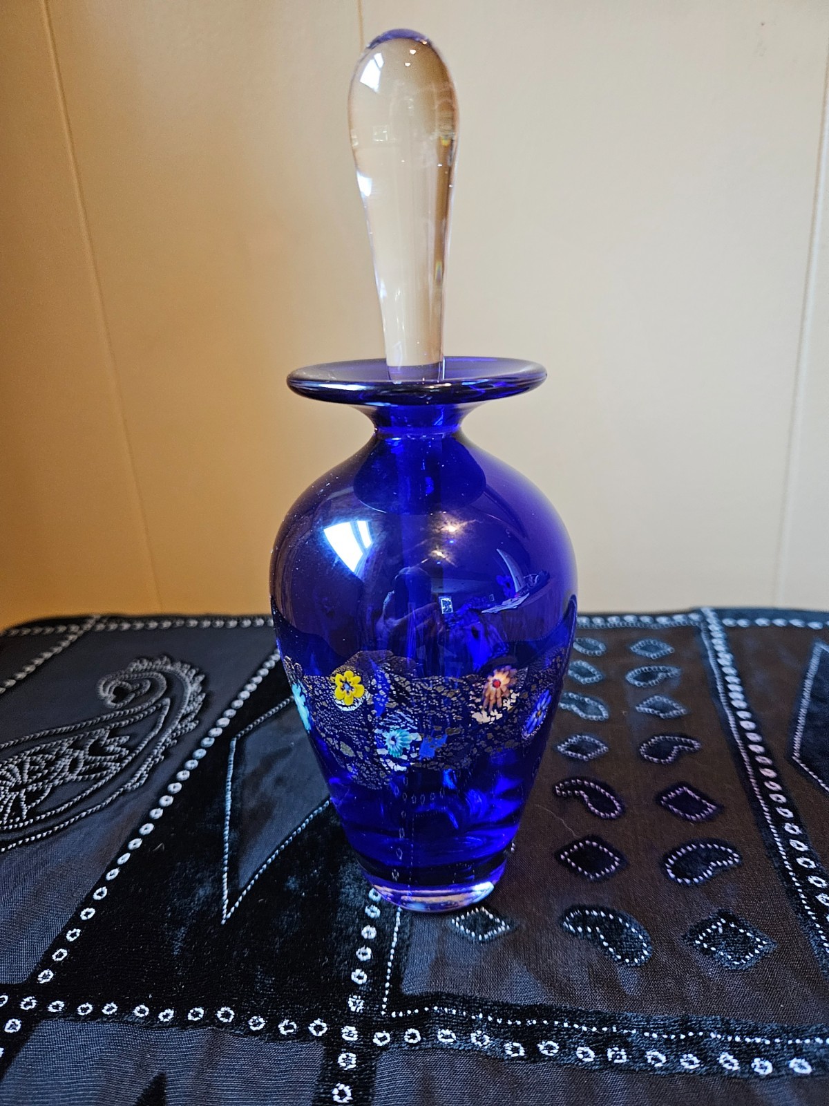 Ken & Ingrid Hanson signed cobalt blossom art glass perfume bottle and stopper