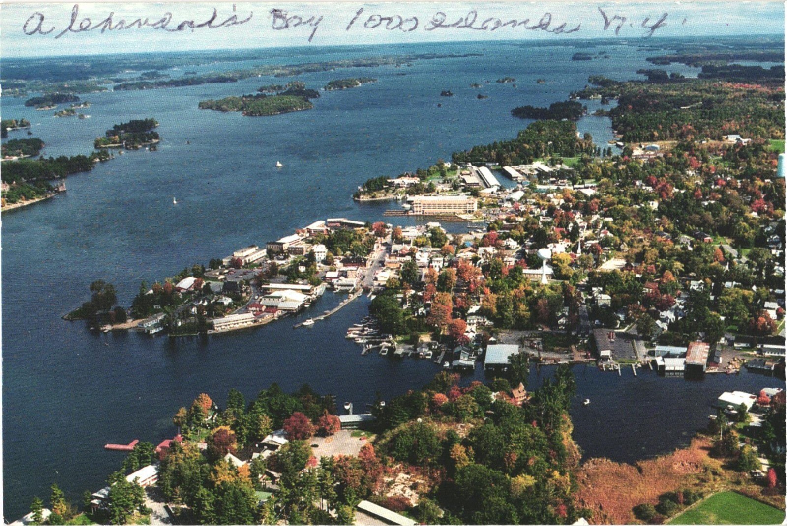Alexandria Bay NY 1000 Islands Aerial View St. Lawrence River Chrome Postcard