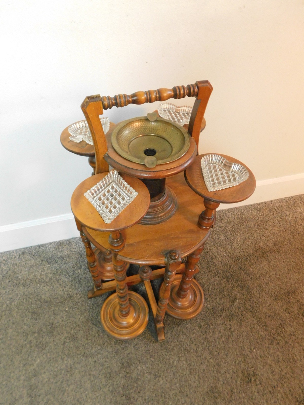 Antique 5 PC Smoking Stand Playing Card 4 Suits Glass Ashtrays Pipe Holder Caddy