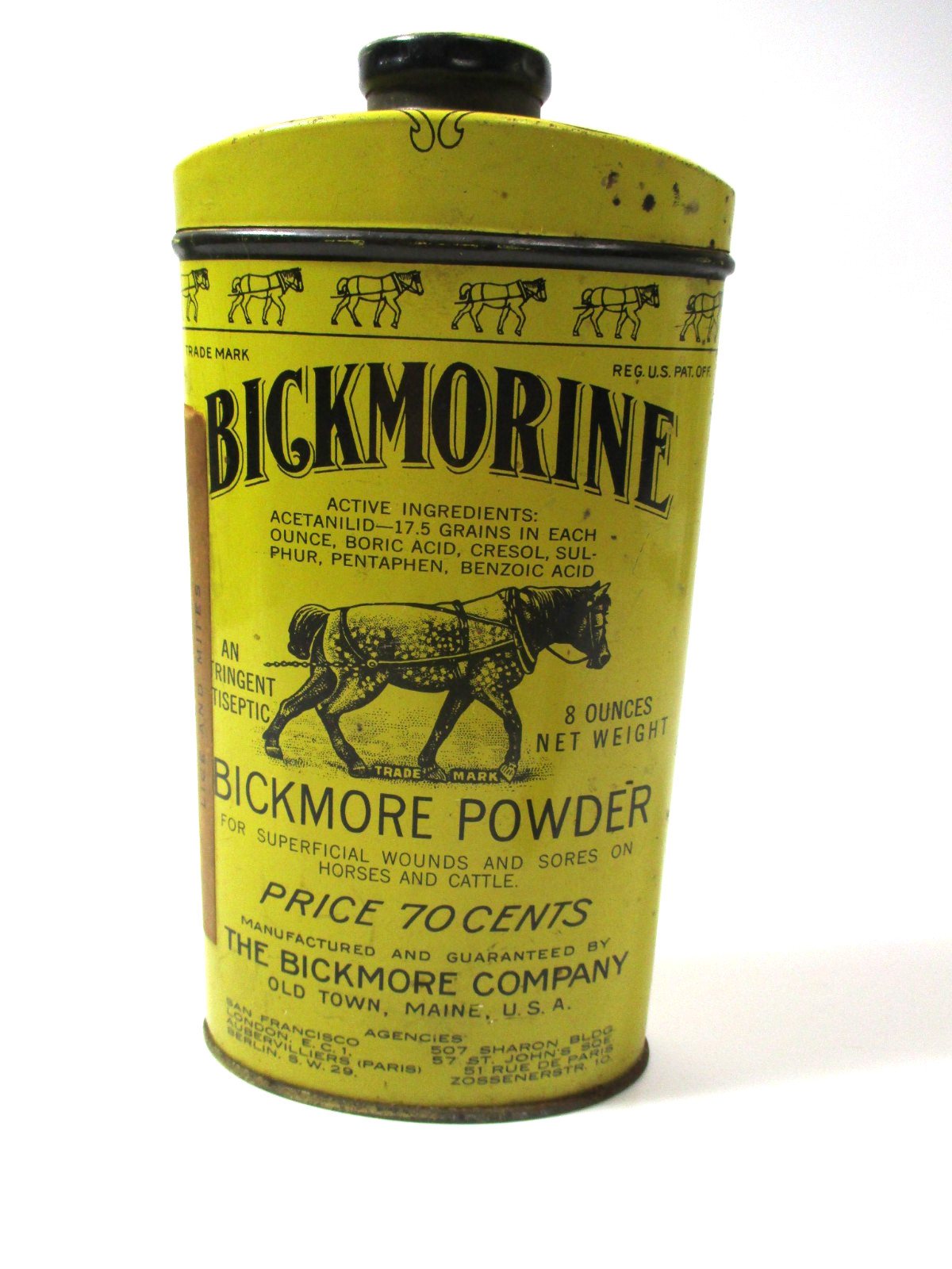 Antique 1920s Bickmorine Bickmore Powder Tin Veterinary Equine Horse Cattle NOS