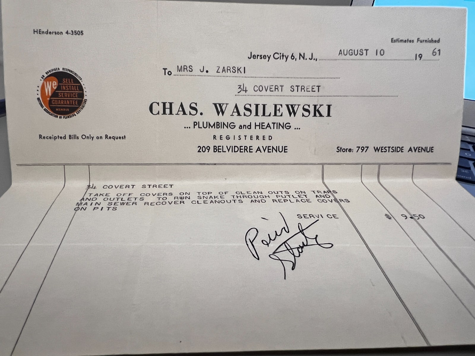 1961 Chas Wasilewski Plumbing Belvidere Westside Ave Jersey City NJ Billhead