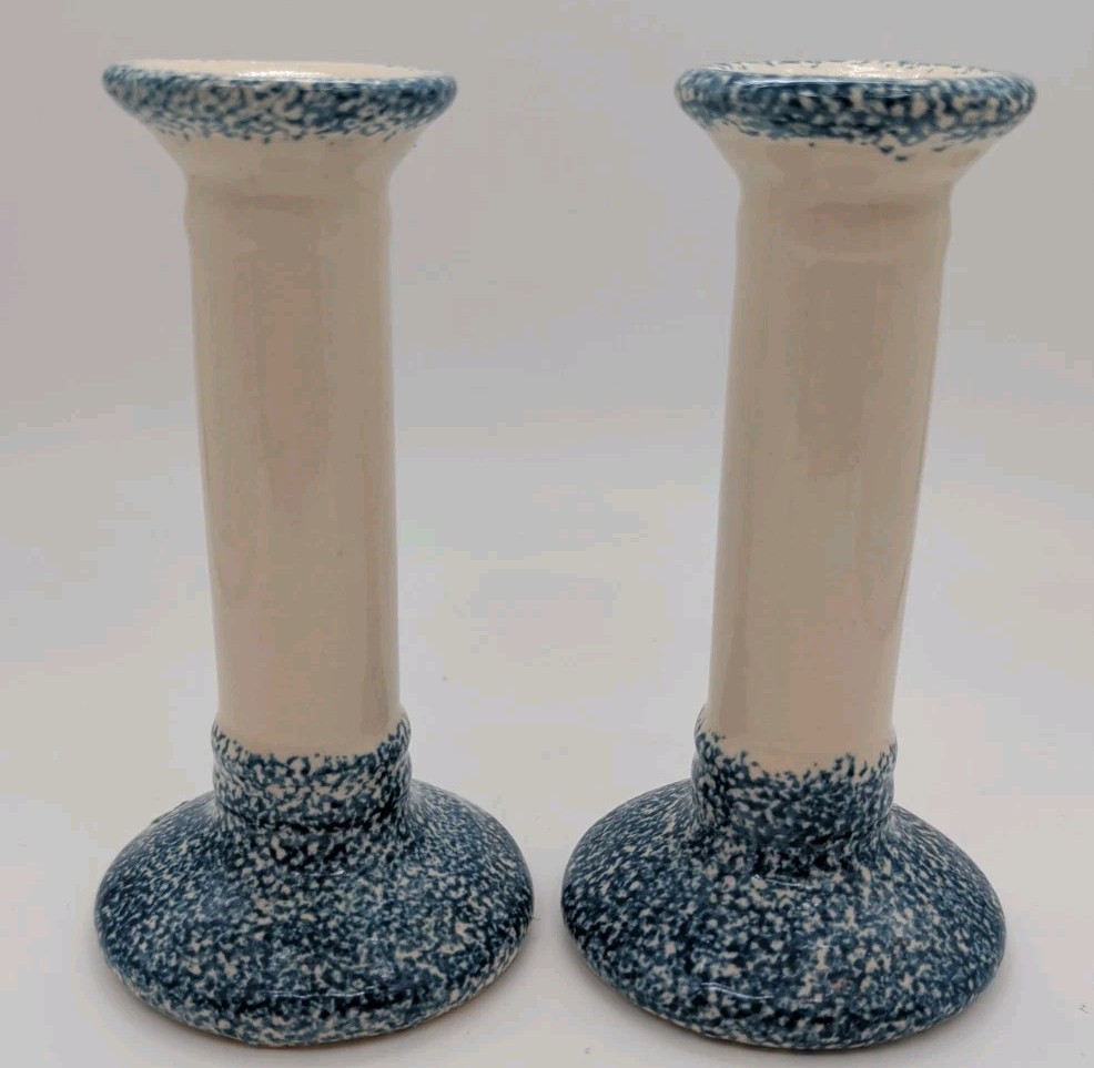 Vintage Blue And White Spongeware Ceramic Candle Holders Farmhouse Decor
