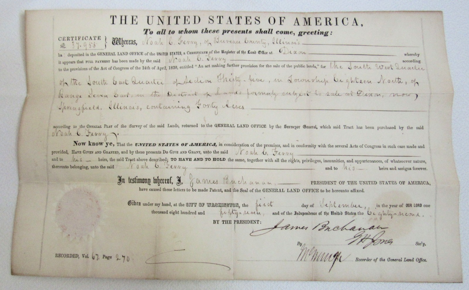 1857 President James Buchanan Dixon Illinois Noah Ferry Land Grant Bureau County
