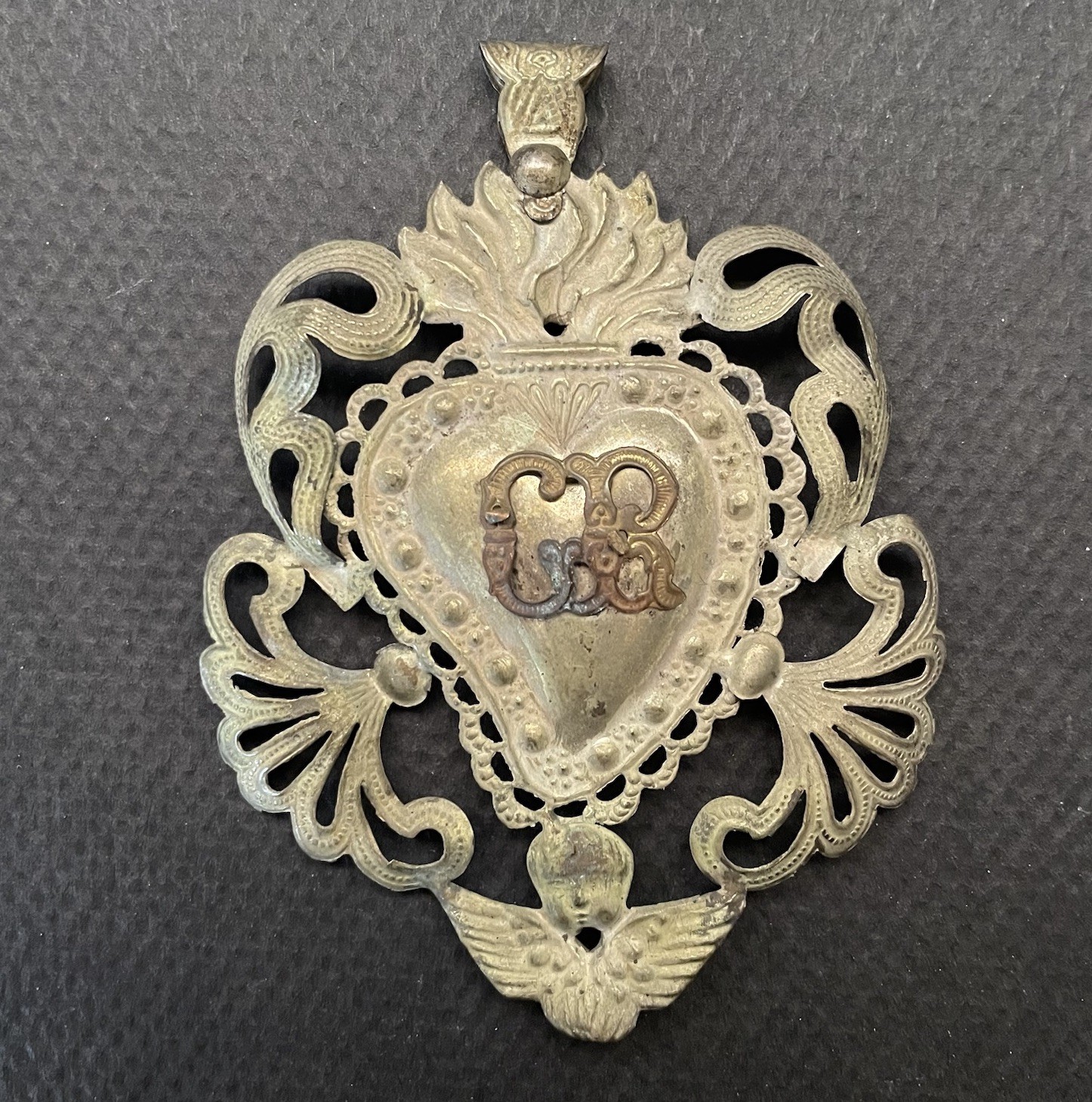 Small Antique Brass Ex Voto Old Religious Sacred Heart Gothic Decor