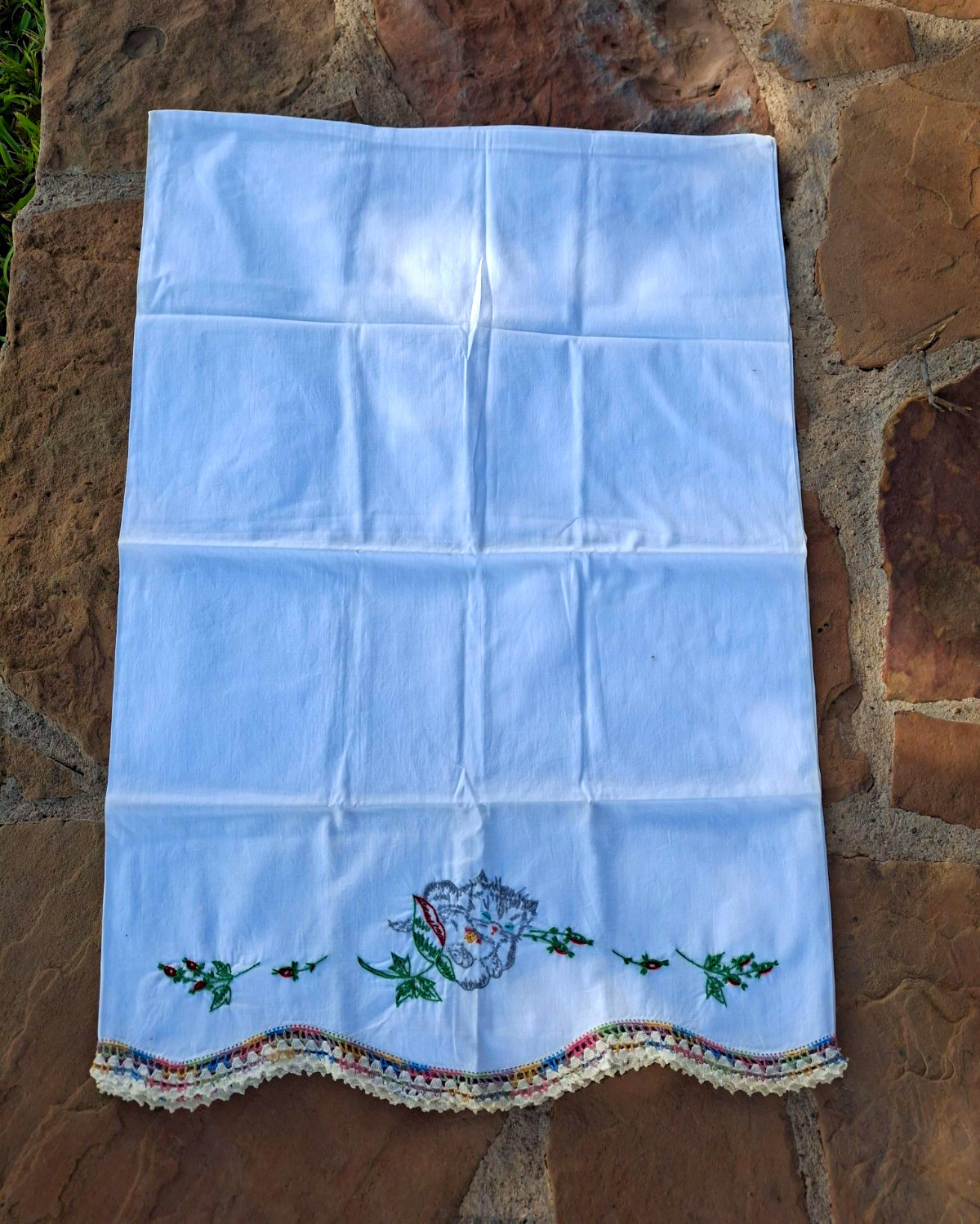 Vintage Hand-Embroidered Kitten & Floral Pillowcases - Set of 2
