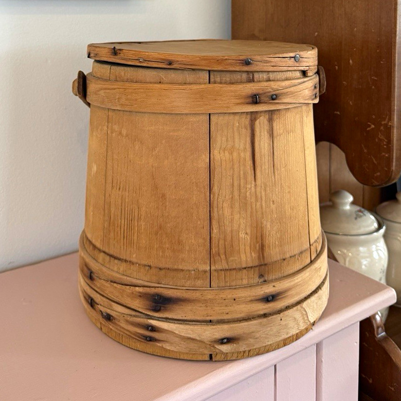 Antique Early 20th Wooden Firkin Lidded Primitive Bucket