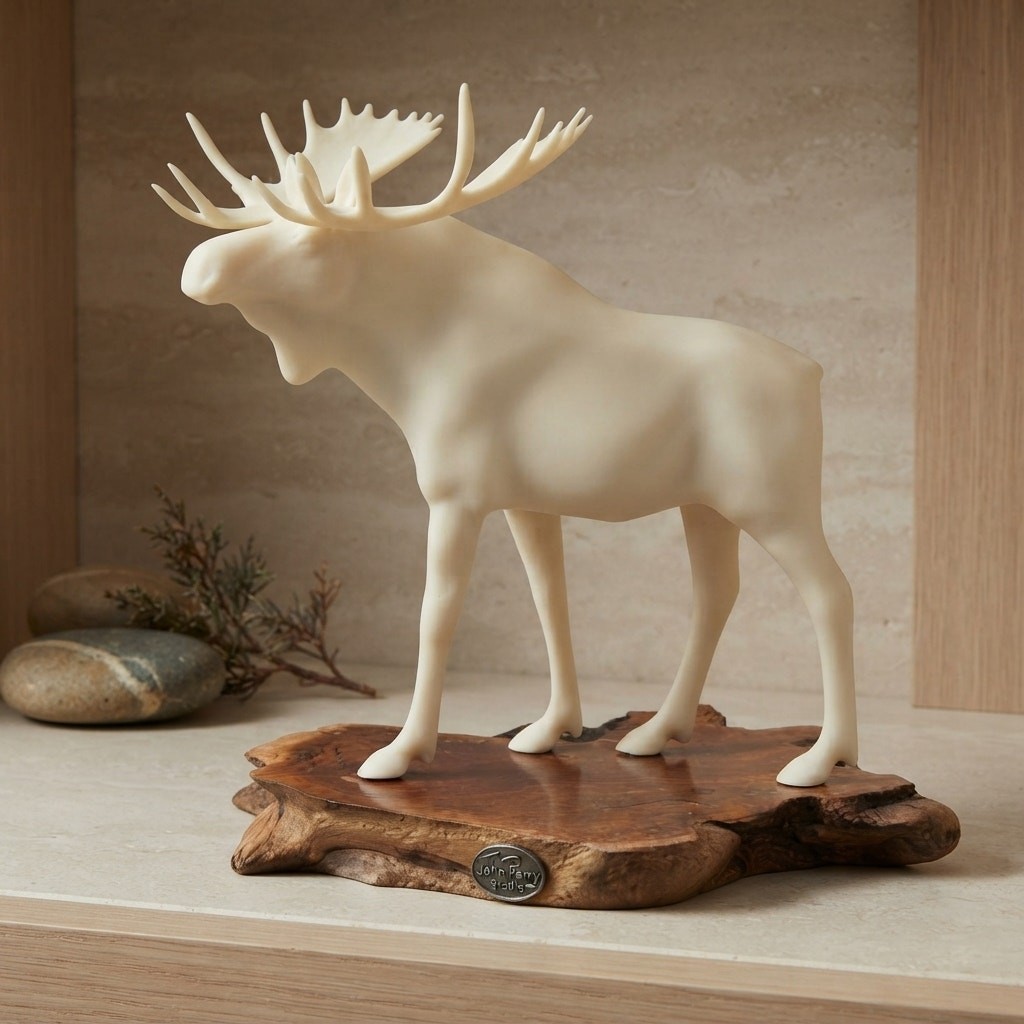 John Perry Bull Moose Sculpture Figurine Burlwood Slab Base Vintage Wildlife