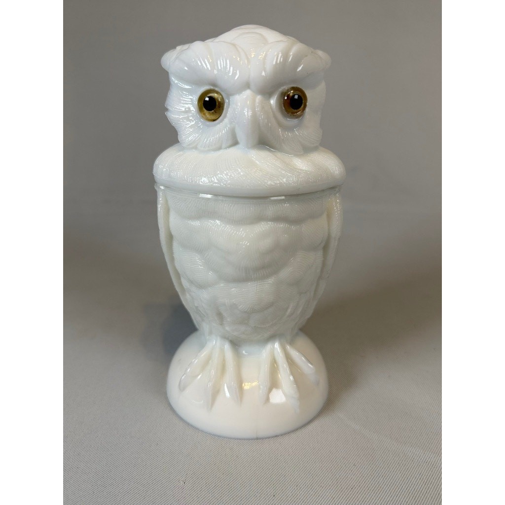 Vintage Atterbury Milk Glass Owl Covered Jar