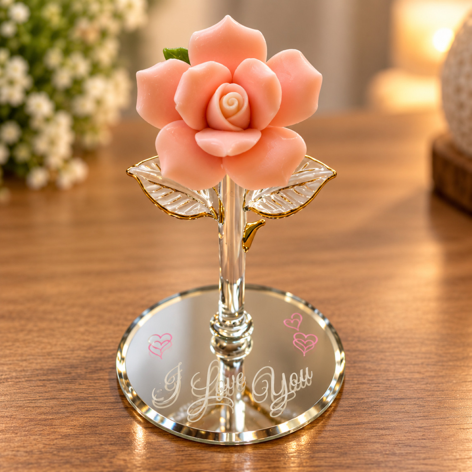 Rose Figurine Pink Flower I Love You Handcrafted Romantic Gift