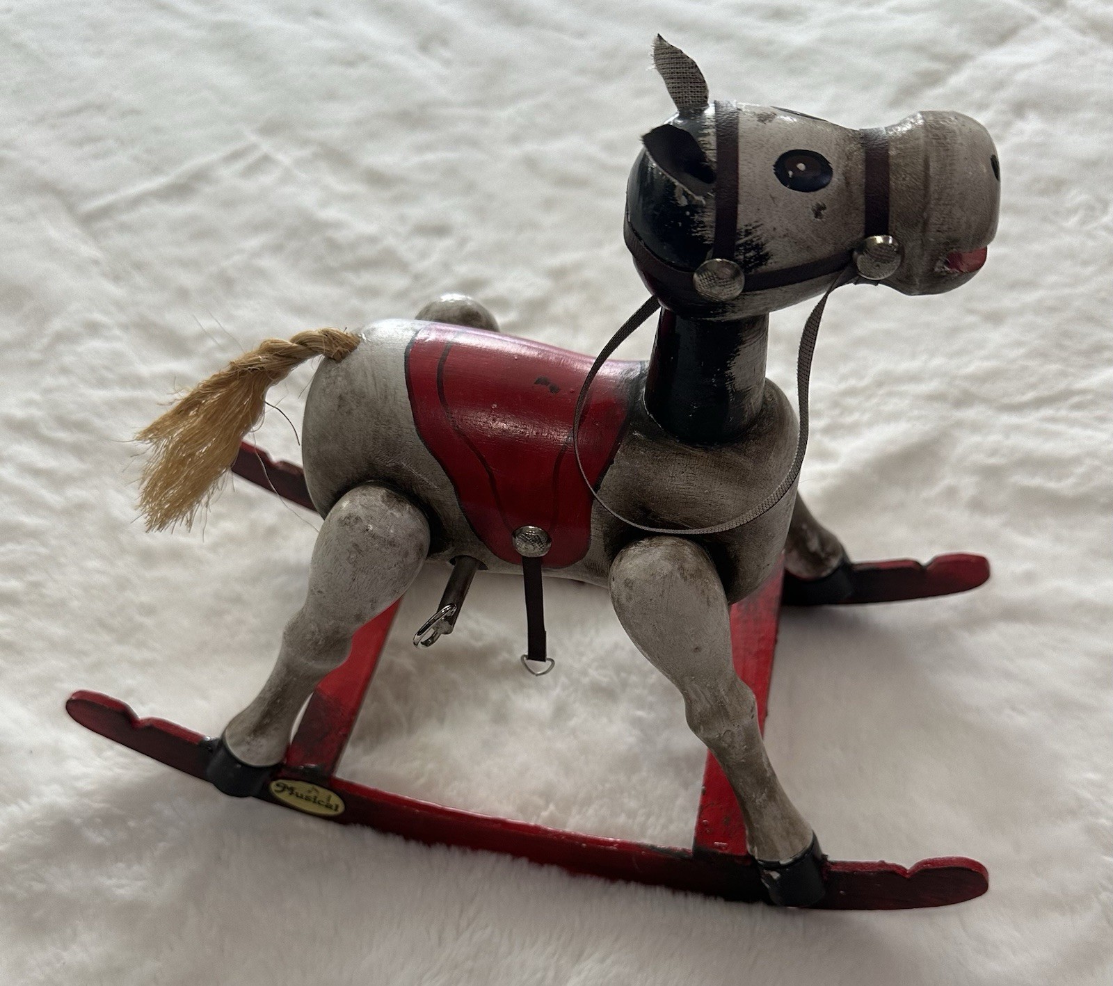 VINTAGE HAND CARVED Wood CAROUSEL Rocking Horse Wind Up Musical Toy Works 1980s