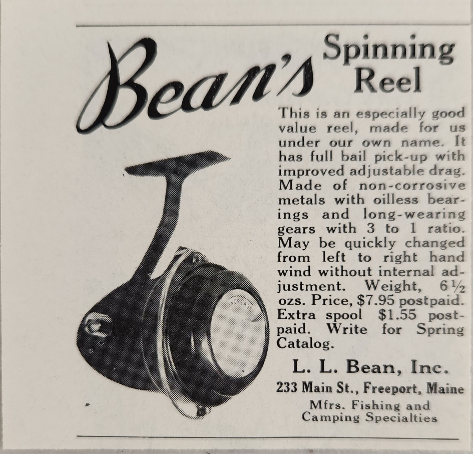 1963 Print Ad L.L. Bean's Spinning Fishing Reels Freeport,Maine