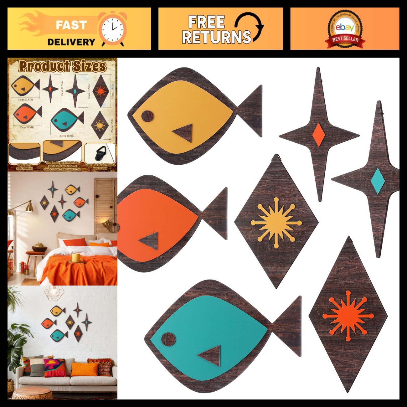 Youyole 7 Pcs Mid Century Modern Wall Art Abstract Fish Wall Decor Retro Atomic