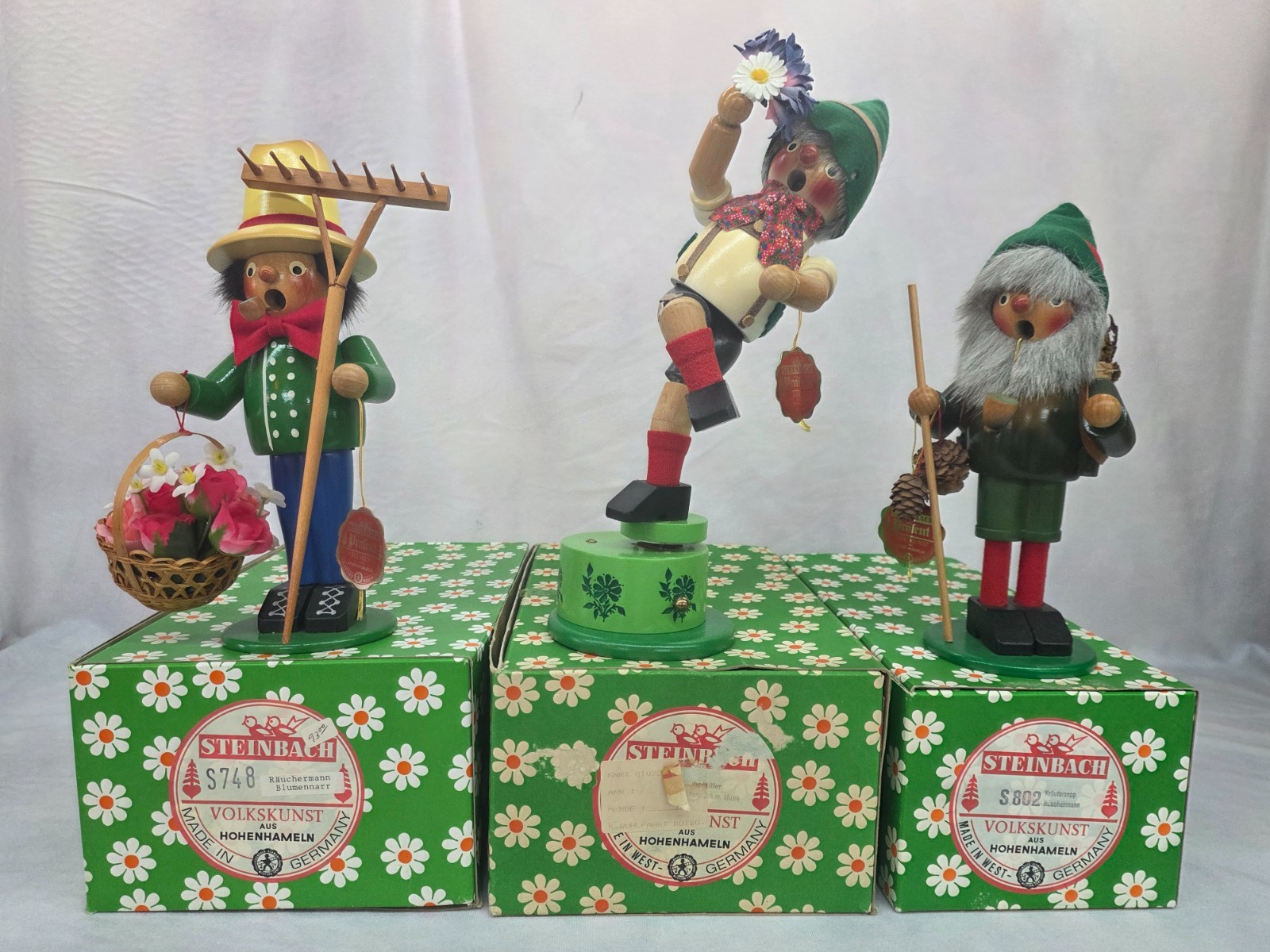 3 German Steinbach Smokers In Boxes - 1 with Music - Flower Gardener & Gatherers