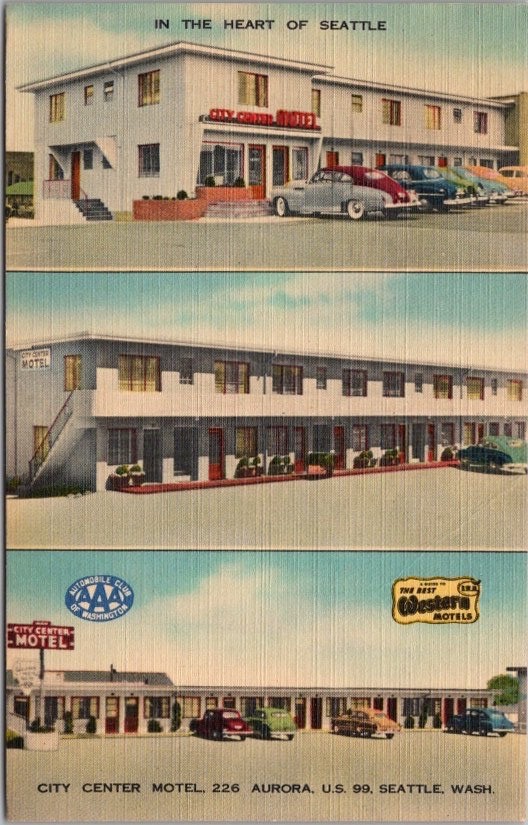 1951 SEATTLE, Washington Postcard CITY CENTER MOTEL Highway 99 Linen / Unused