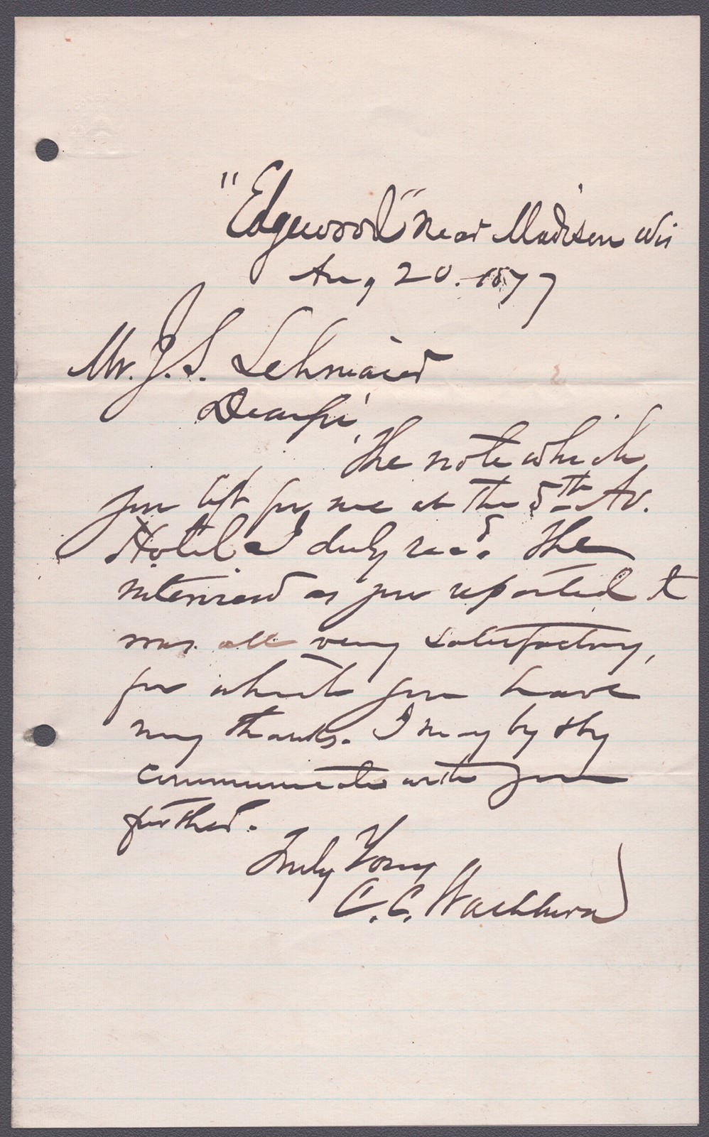 CADWALLADER C. WASHBURN - AUTOGRAPH LETTER SIGNED 08/20/1877