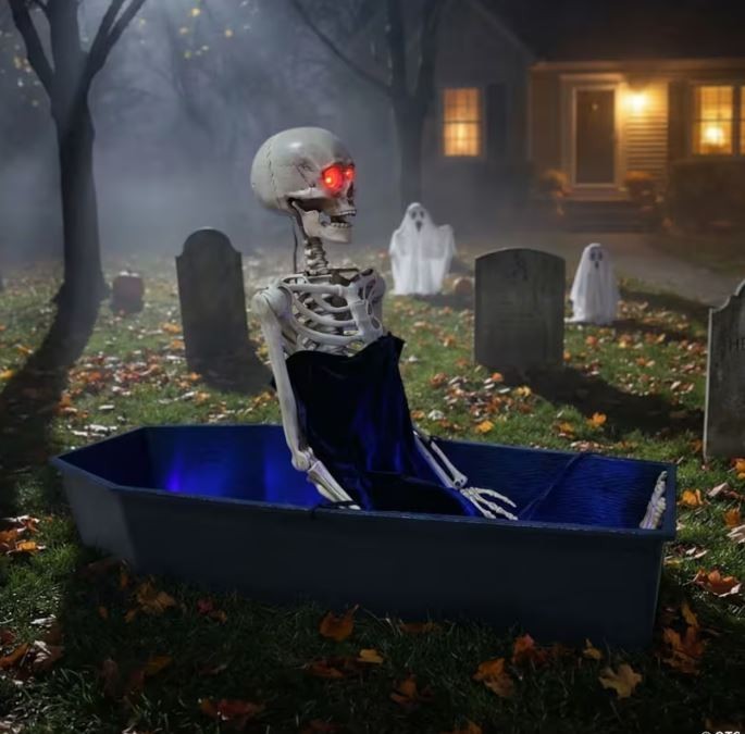 4 FT ANIMATED SKELETON RISING FROM COFFIN HALLOWEEN ANIMATRONIC PROP 