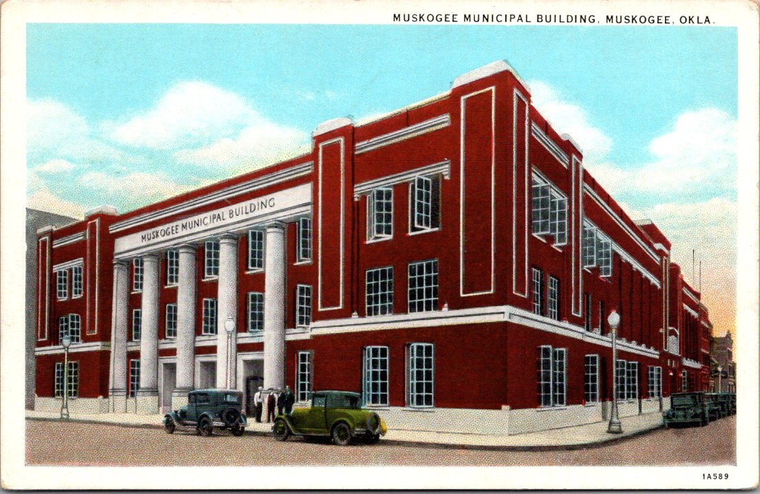 Muskogee Oklahoma Municipal Building Cars Curt Teich Postcard