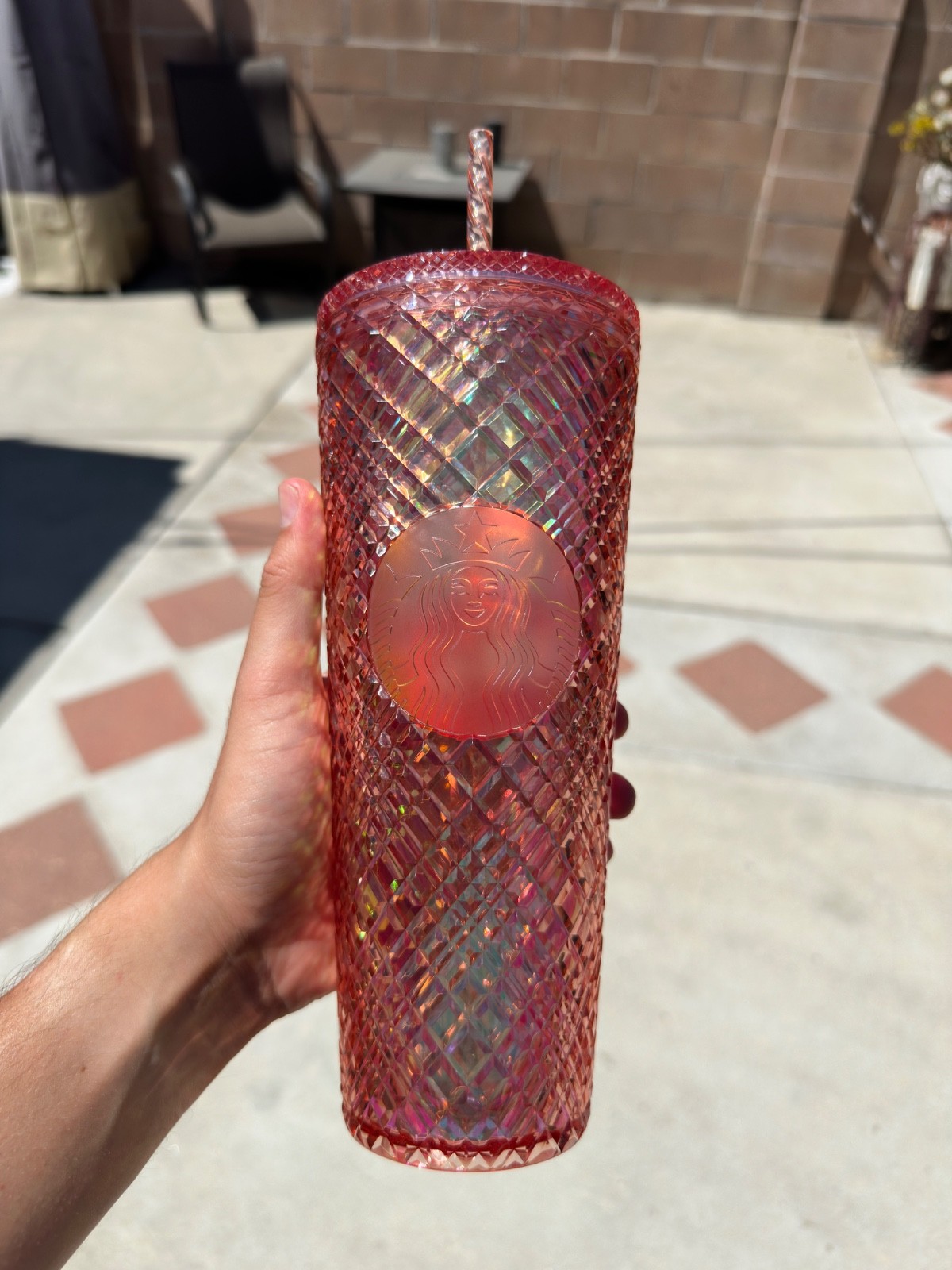 Starbucks Winter Hol. Jeweled Tumbler Cold Cup Iridescent Pink 24 Oz Lid & Straw