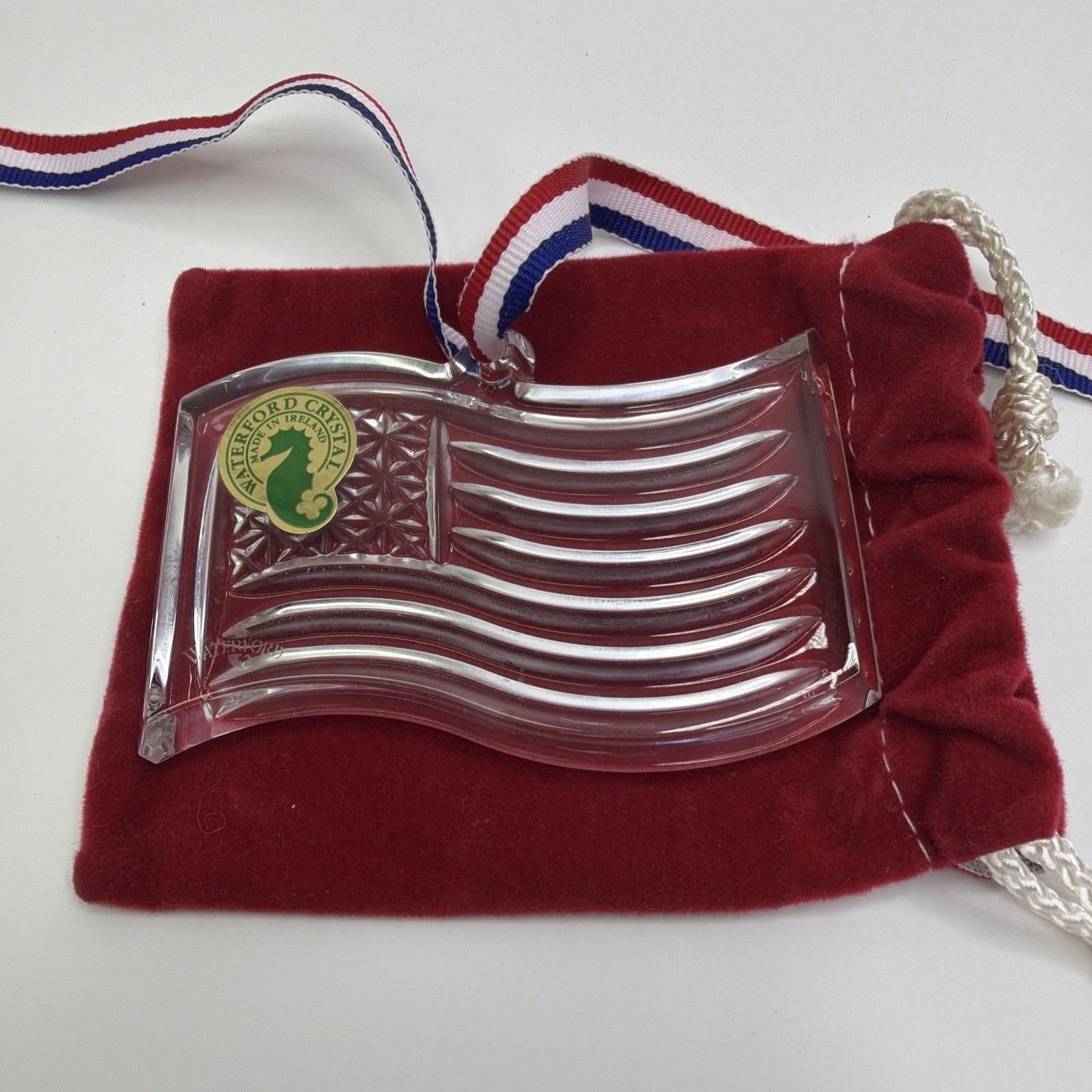 Waterford Crystal Flag Ornament Patriotic Red White Blue Ribbon 3x2 inches