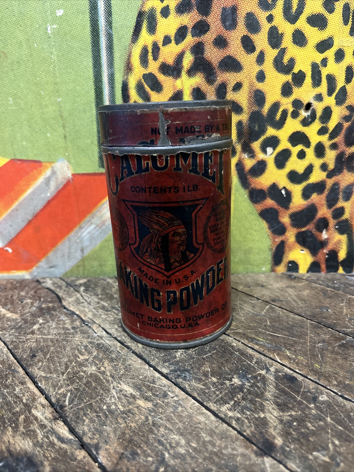 VINTAGE C. 1910 CALUMET BAKING POWDER 1 LB PAPER LABEL TIN CAN SIGN NATIVE