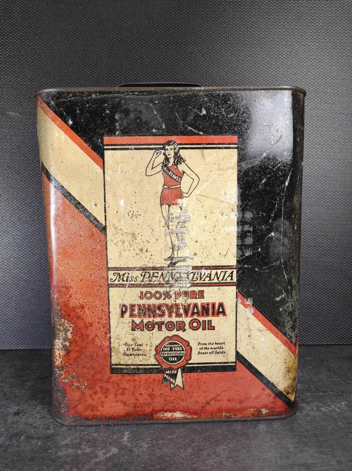 Vintage Miss Pennsylvania 2 Gallon Oil Can Rare Advertising Display Empty