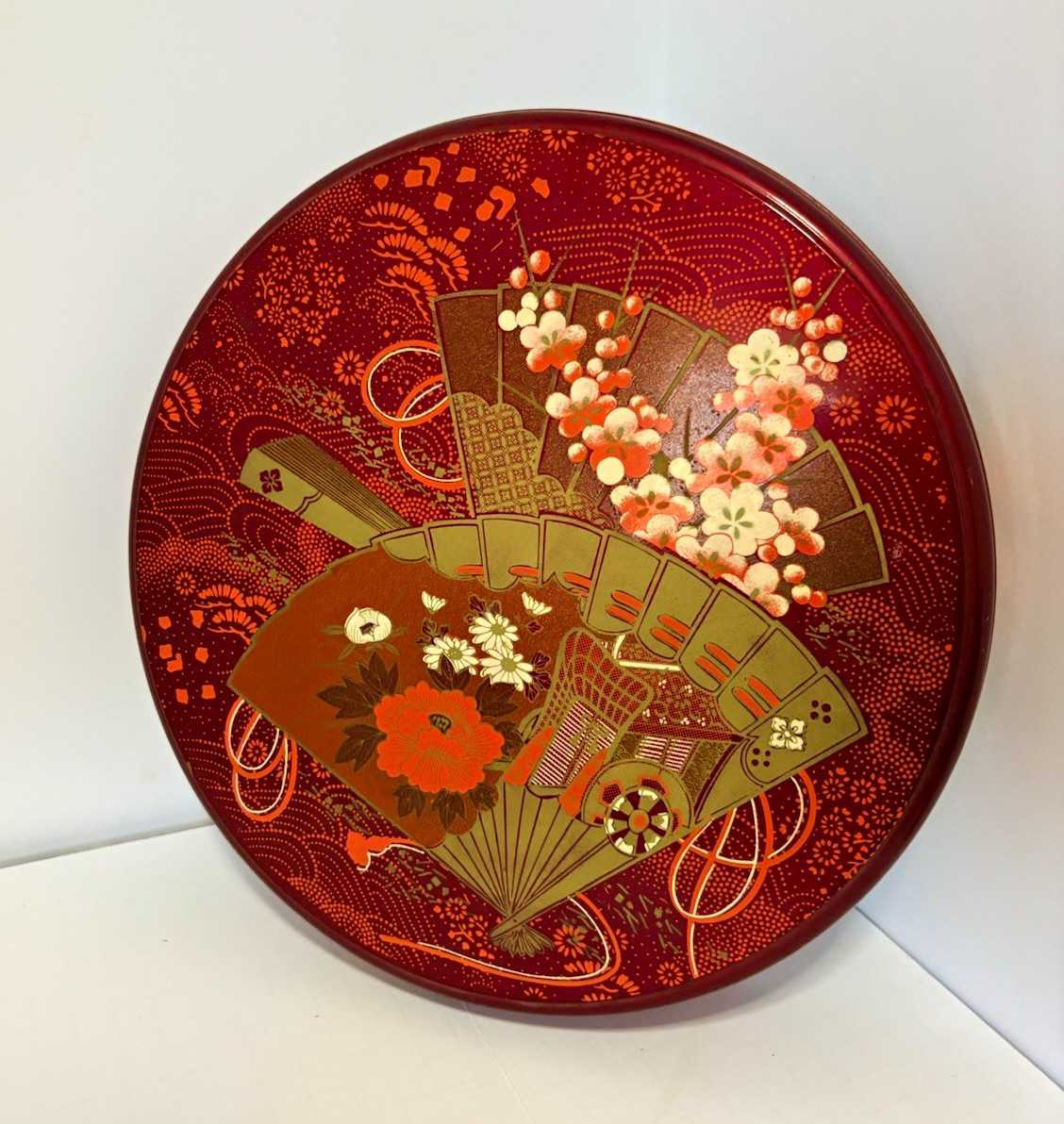 Vintage Japanese Lacquerware Round Lidded Box Floral Fan 11