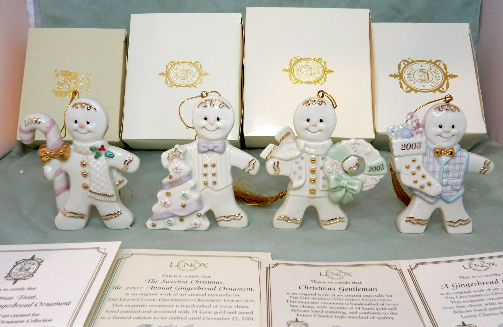 Lenox 2000-2003 Annual Gingerbread Ornaments w/ Boxes and CoAs