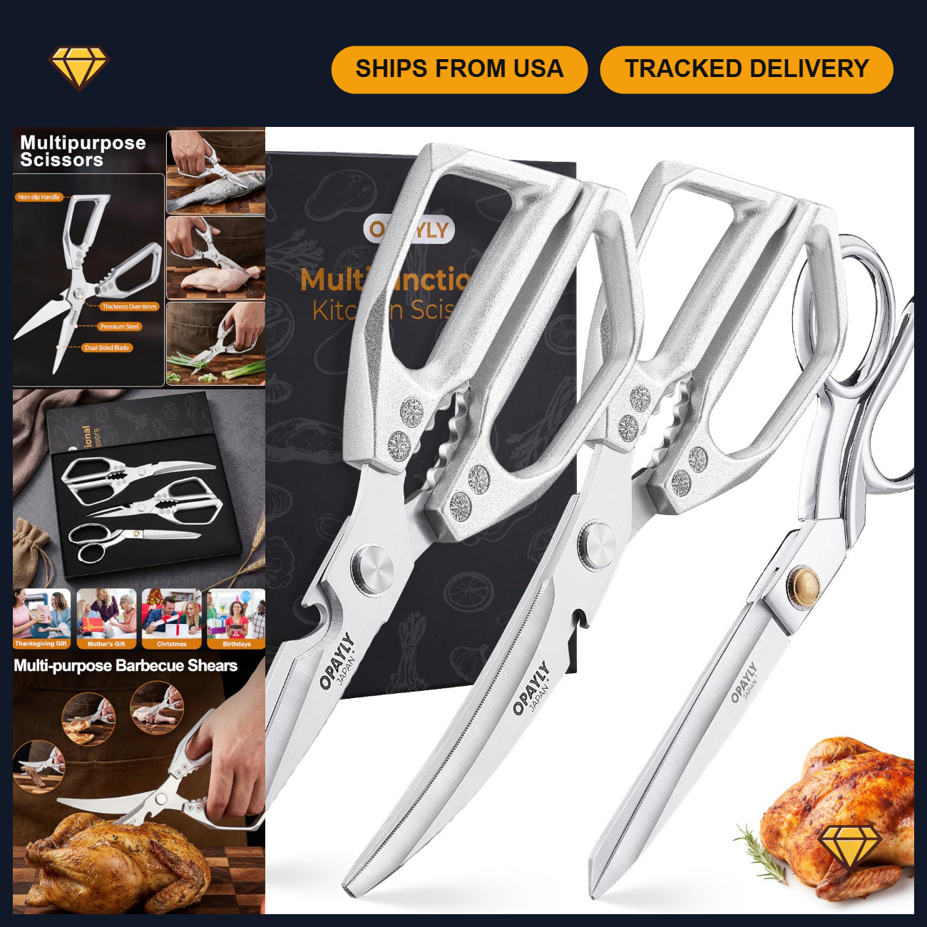 3PCS Heavy Duty Kitchen Scissors Set All Purpose - Stainless Steel Scissors Meat