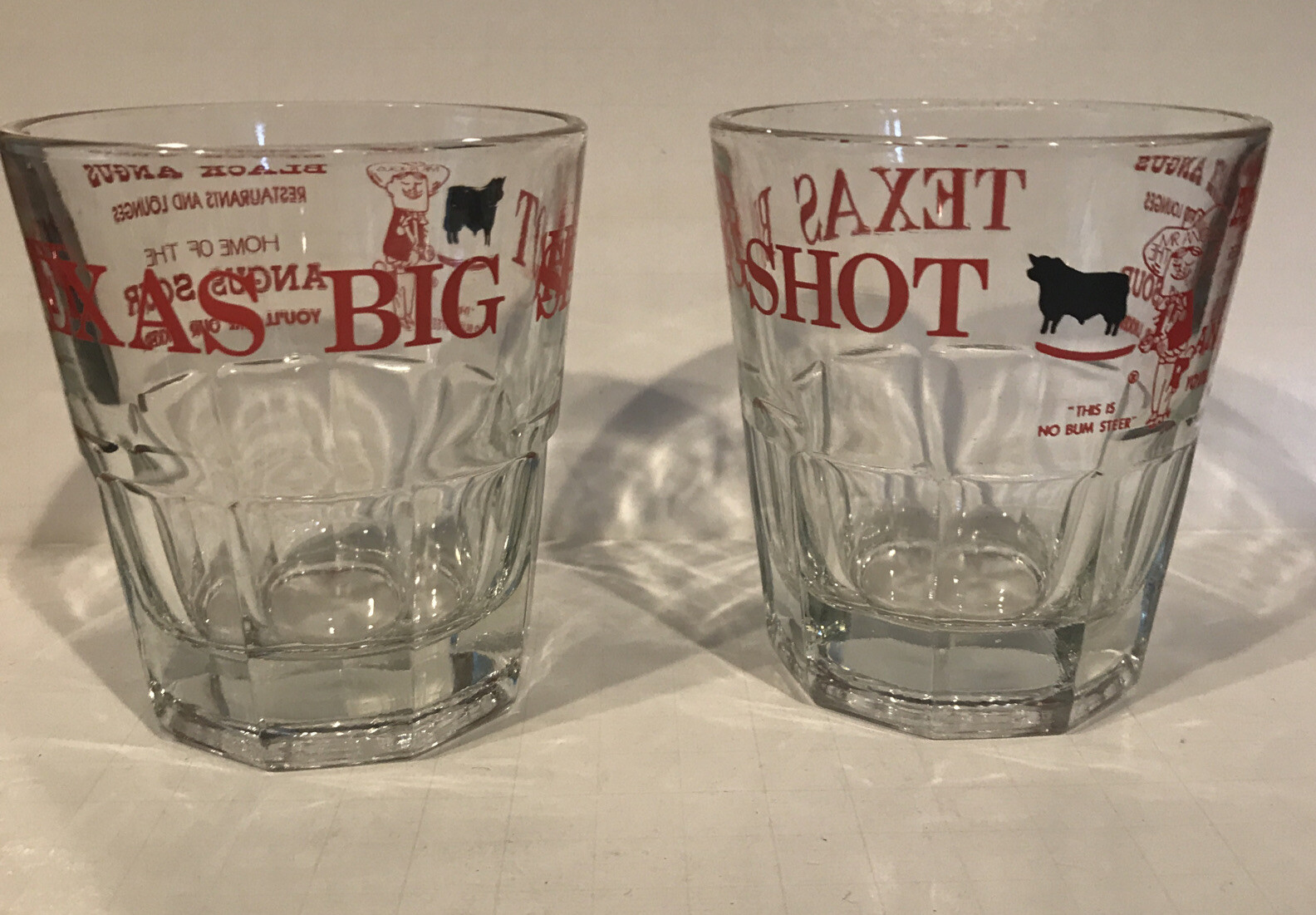 Texas Big Shot Glass Black Angus Restaurant Lounge Sour Clear Red Lettering 2