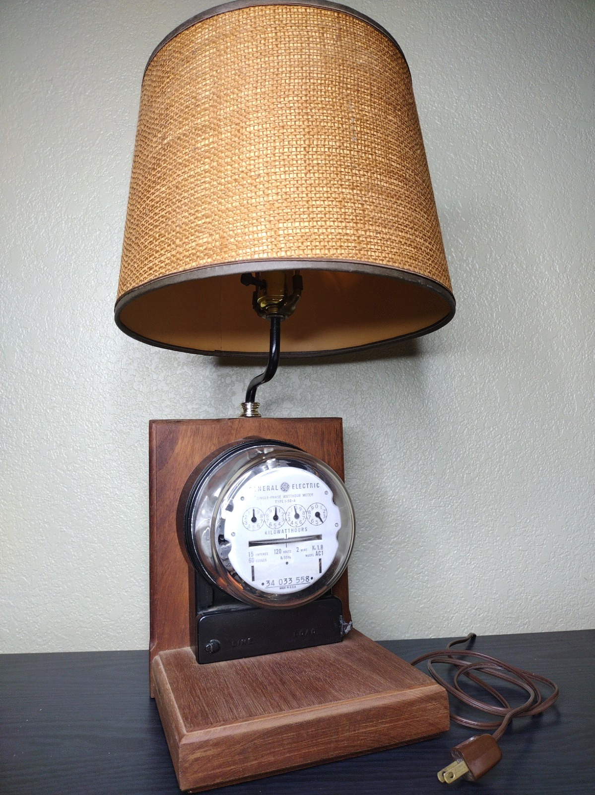 Vintage 1960s GE Electric Meter Table Lamp Hardwood Base Light Works Meter Turns