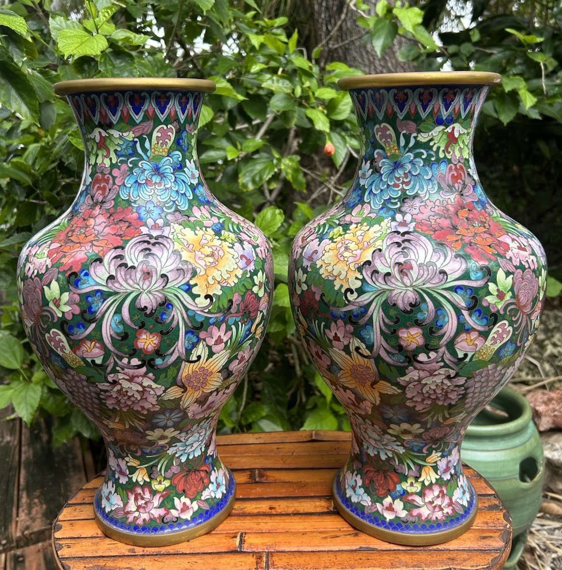 Pair Of Vintage Chinese Cloisonné Vases 15 1/8”