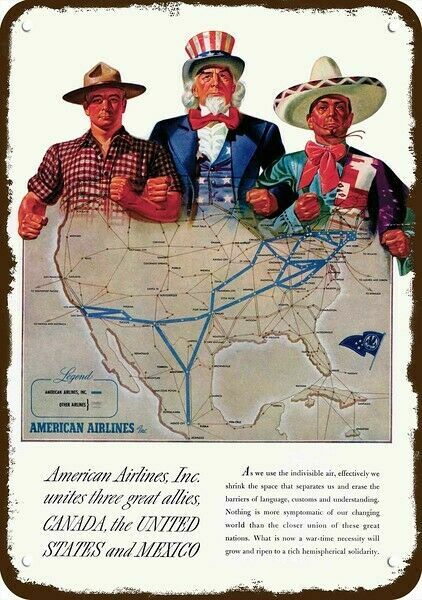 1943 AMERICAN AIRLINES United States Canada Mexico DECORATIVE REPLICA METAL SIGN