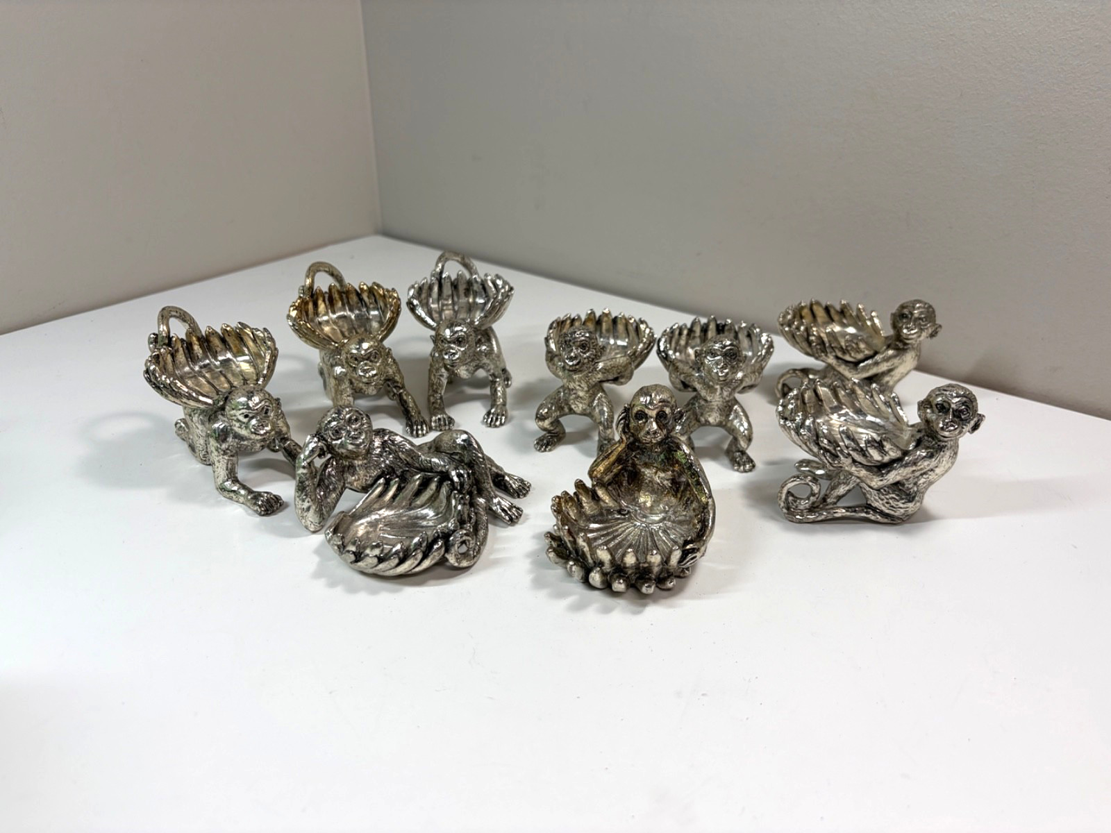 Vtg Arthur Court Metal Silver Monkey Salt Cellars Dish Tealight Holders Set of 9