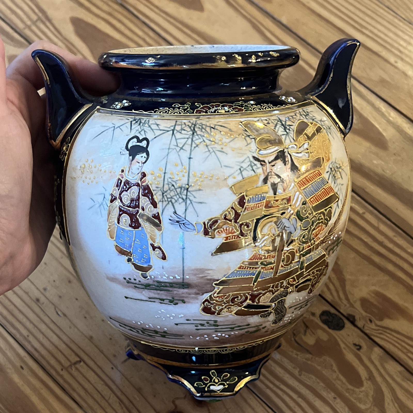Hand-Painted Japanese Vase/Urn, Blue and Gold Samurai & Geisha Figural Design