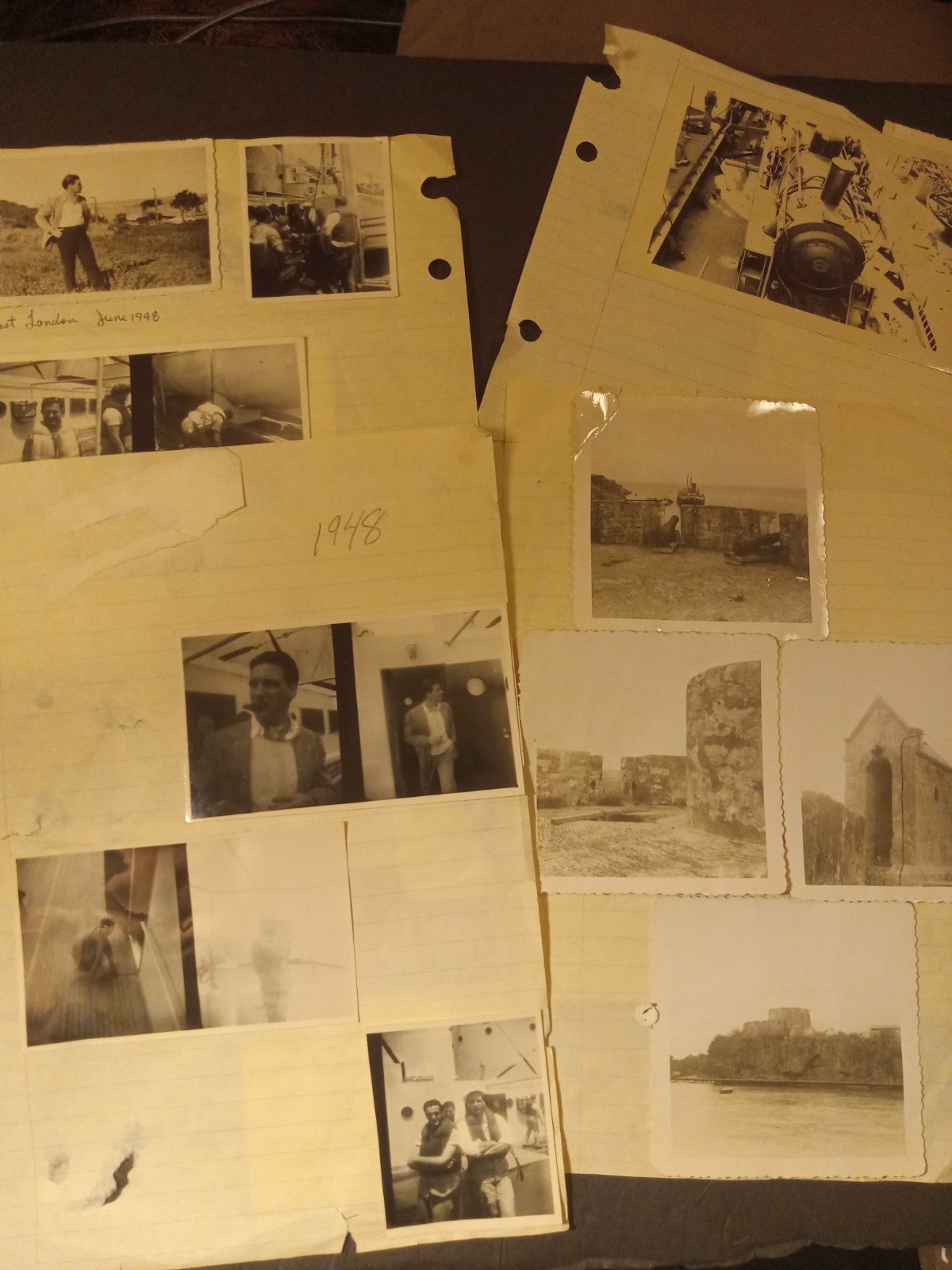 1940's 1948 snapshot photo scrapbook pages collection boats fort train London ny