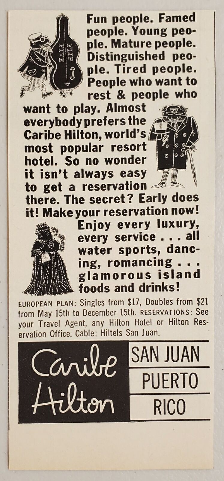 1961 Print Ad Caribe Hilton Hotel European Plan San Juan,Puerto Rico