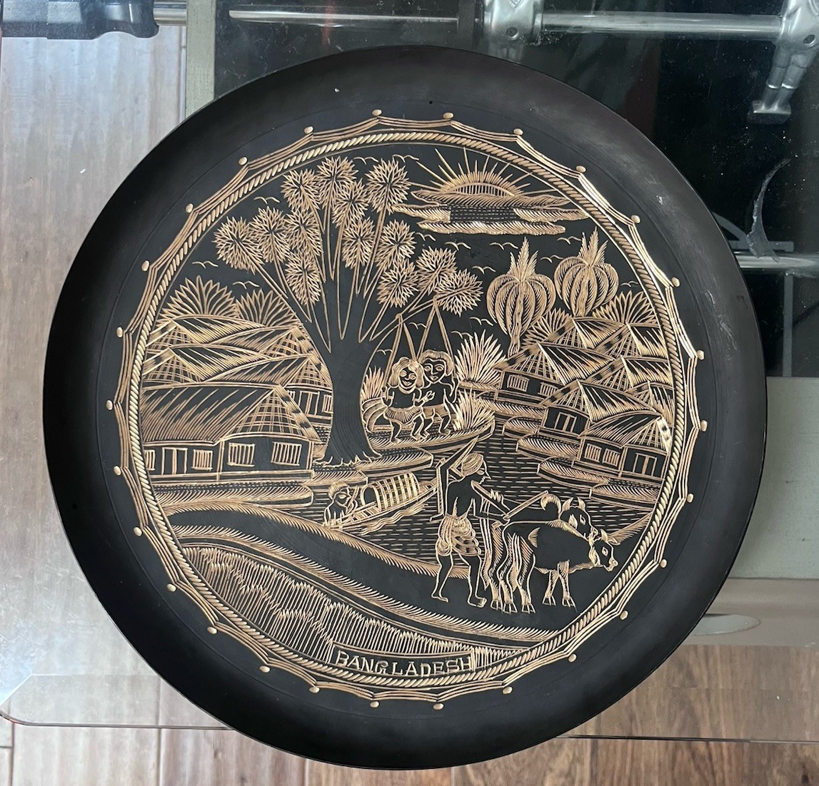 Vintage Etched Asian Art Souvenir Brass Plaque Plate Bangladesh Sun Over Village