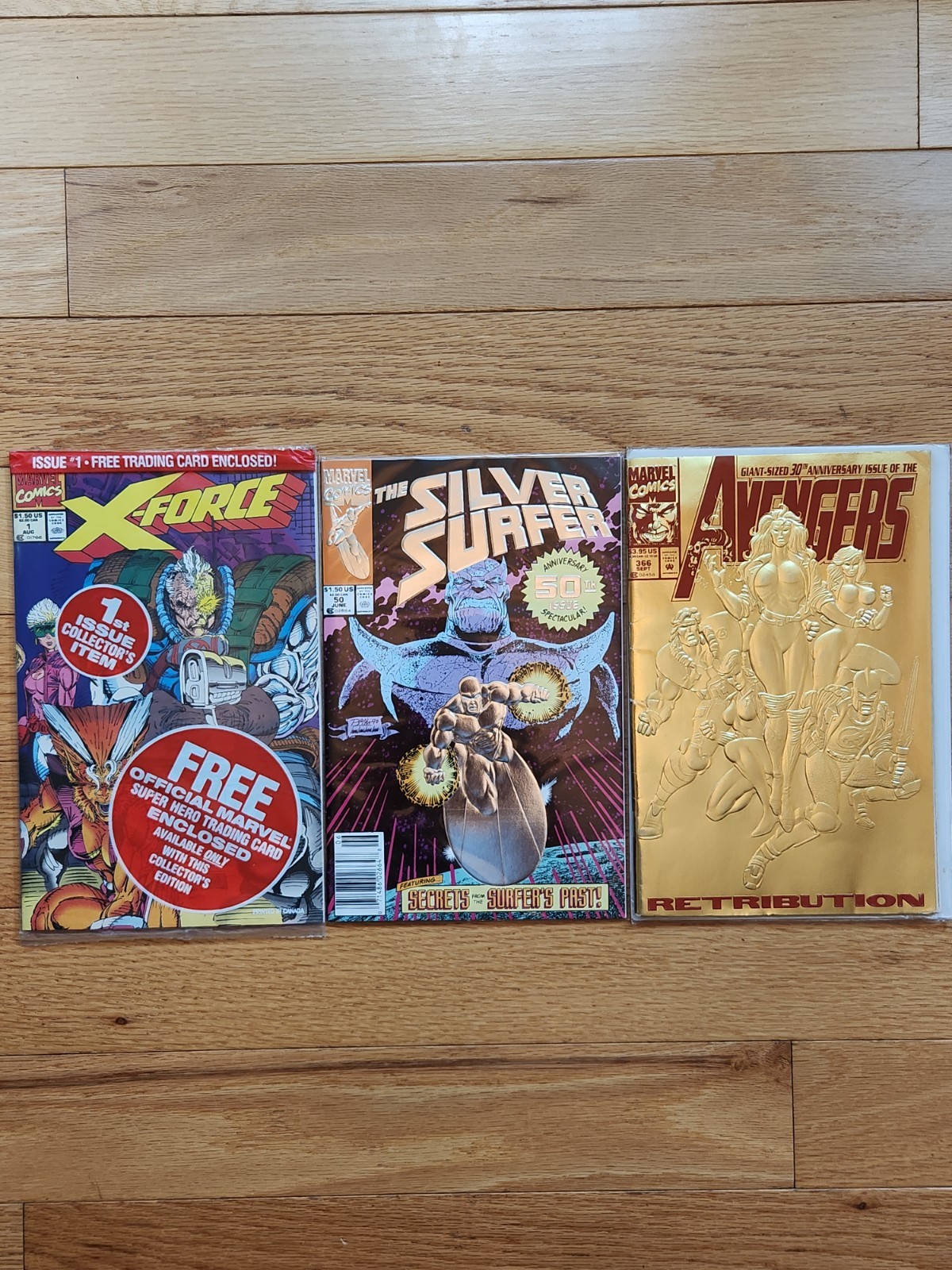 Marvel Comic 3 Lot X-Force 1st, Silver Surfer 50th Foil, Avengers 30th Gold Foil