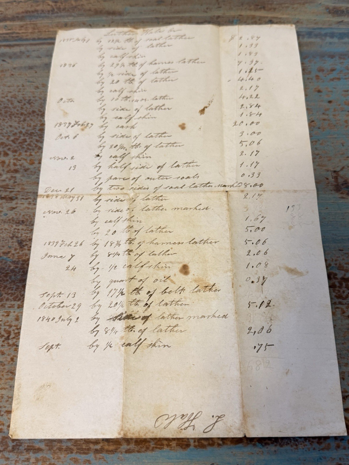1835-1840 Antique Handwritten Leather & Bark Ledger Page: Luther Hale Account