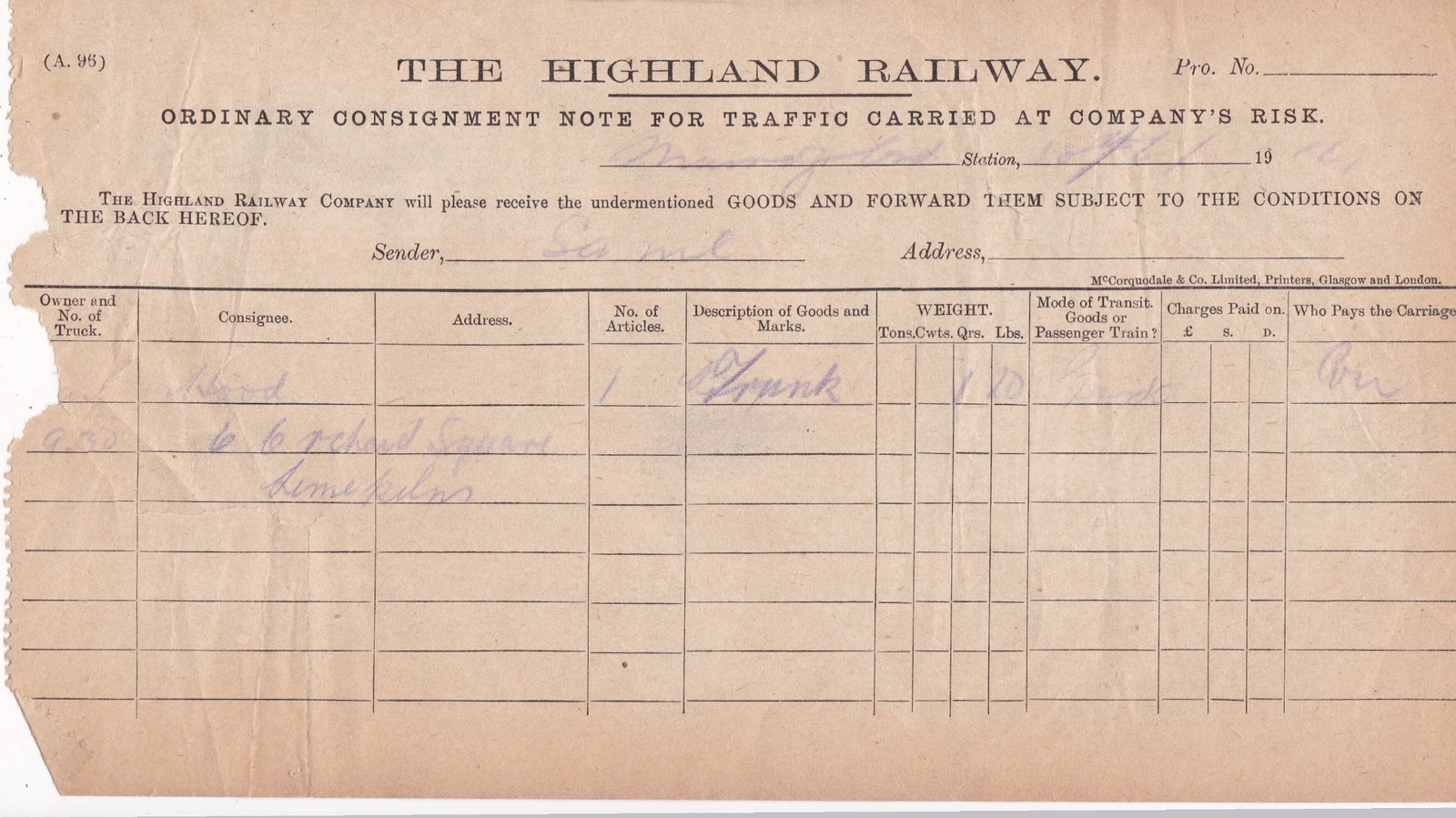 THE HIGHLAND RAILWAY 1914 Muir of Ord Stn Trunk Paid Consignment Note-TEAR 44907