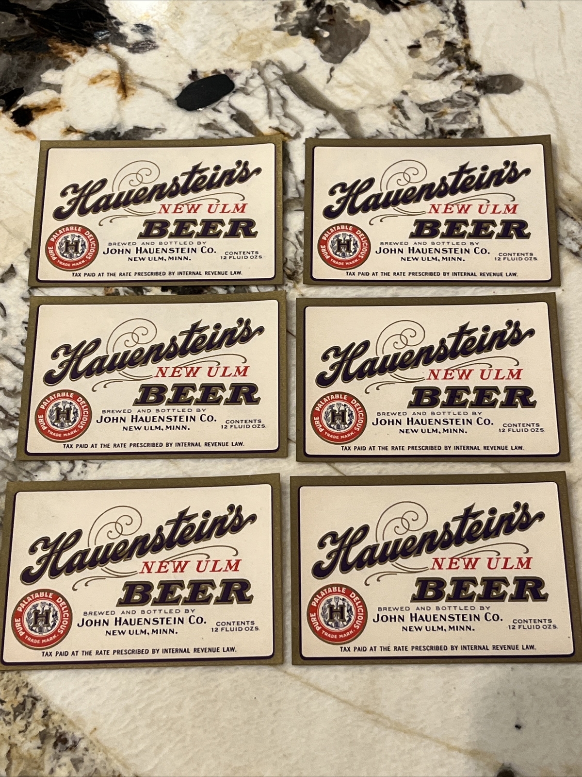 Lot 6 vintage 1930's Hauenstein's New Ulm Strong Beer Bottle Label 12 Fluid Oz