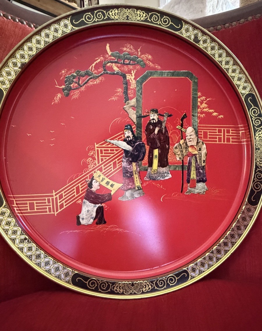 Vintage Sunshine Biscuits Tang Dynasty Three Attainments Red Lacquer Tray 13.5”