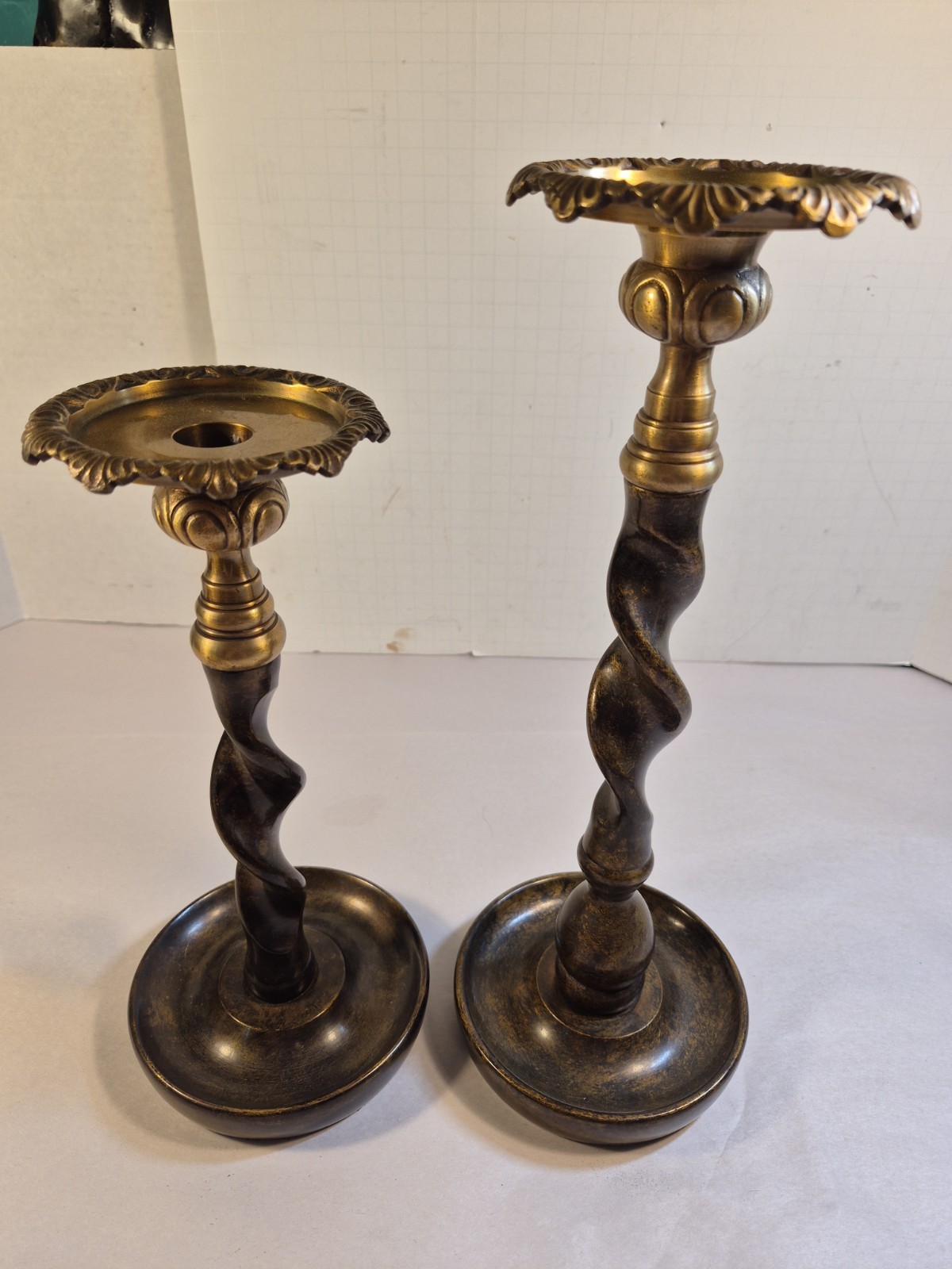  Maitland Smith Bronze & Brass Barley Twist Candle Sticks Patina Vtg Pair Large 