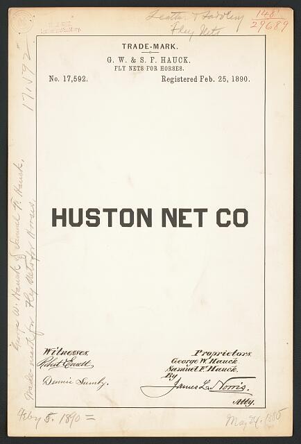 Photo:Mechanicsburg PA 1890 Huston Net Co Fly Nets for Horses Trademark