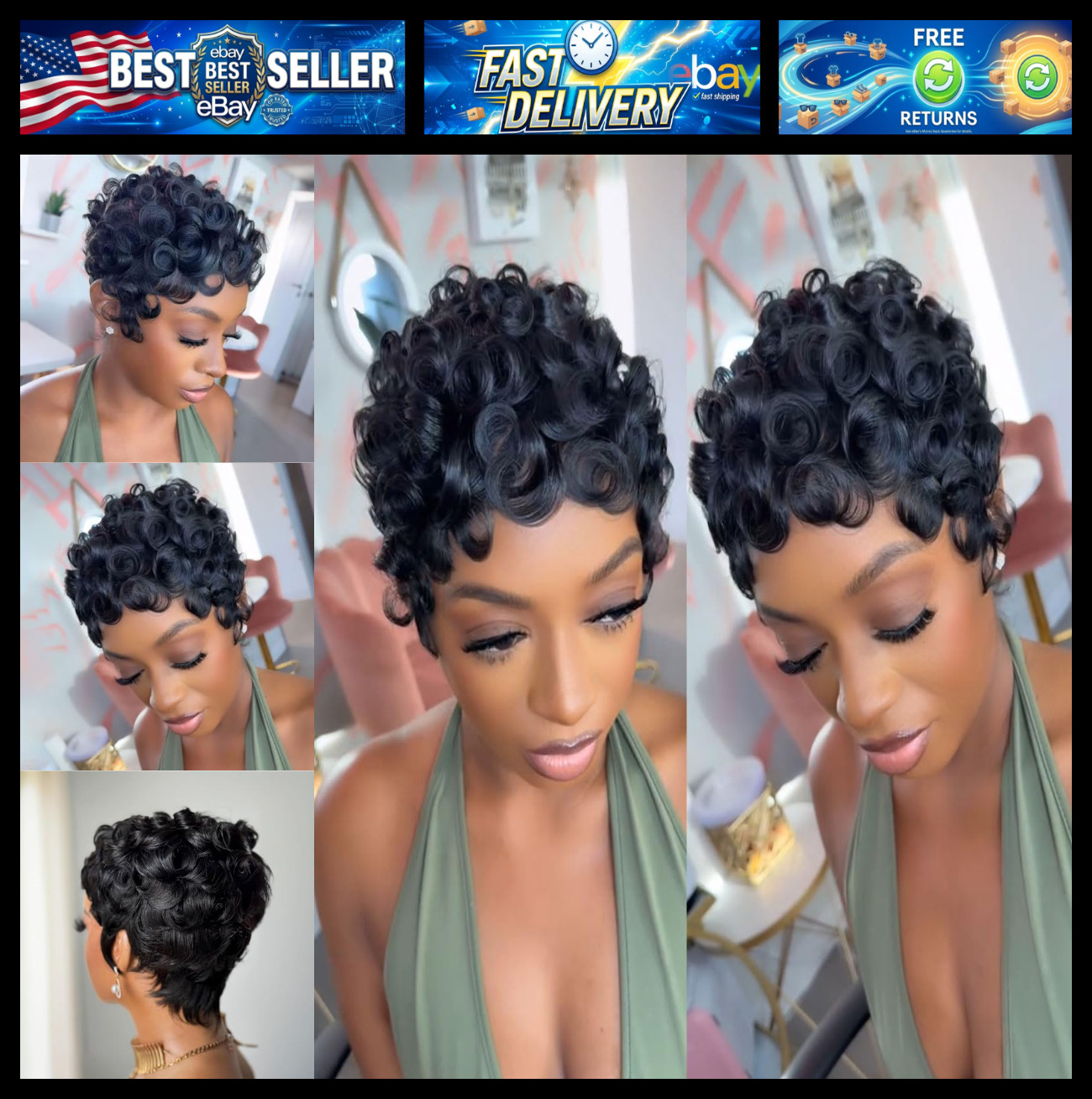 VRZ Pixie Cut Wigs for Black Women Brazilian Curly Pixie Cut Wig Human Hair Glue