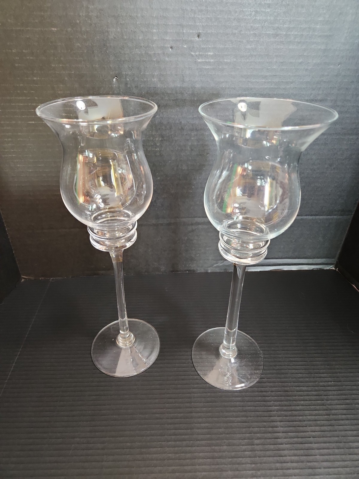Vintage Pair of Tall Clear Glass Tulip Candle Holders Stemmed Votive 14\